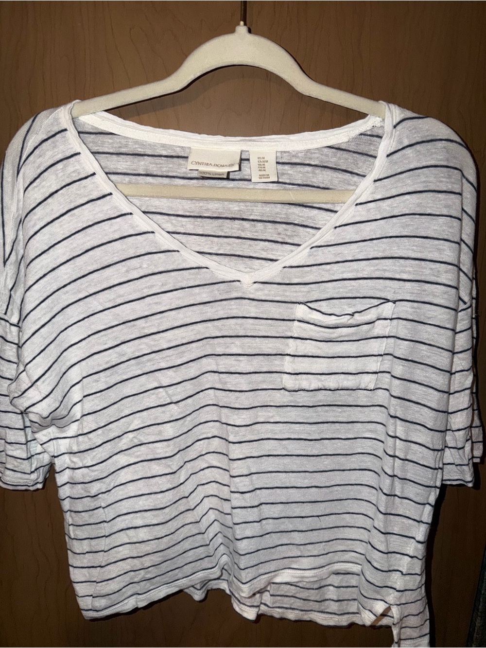 Cynthia Rowley White Tee with Navy Stripes and Pocket